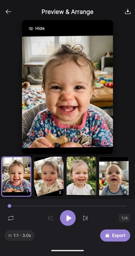 The Lapse preview screen: four photos of the same baby arranged on a timeline, ready to play and export